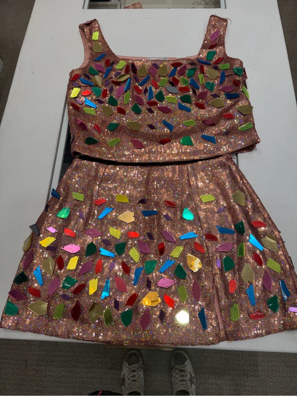 QUEEN OF SPARKLES Rose Gold Sequin Two-Piece Set with Multicolor Mirrors